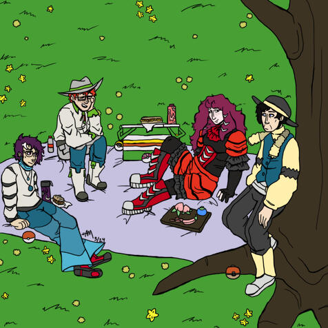 Fullbody flat colors, background (field, picnic setup, tree, props), add 3 characters, thick wavy lineart - $50