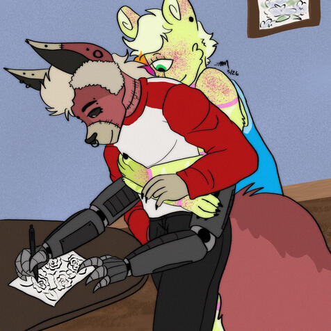 Flat color halfbody, background and props (room, table, pen/paper), 2 characters total - $27