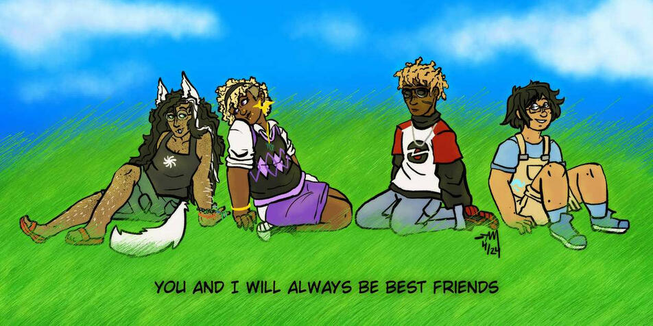 Fullbody flat color, background (sky/clouds, grass, text), color filters, add 3 characters, thick wavy lineaert - $43