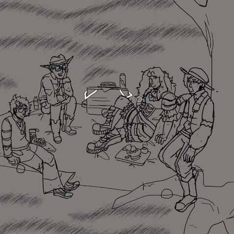 Fullbody sketch, background (field, picnic setup, tree, props), add 3 characters - $34