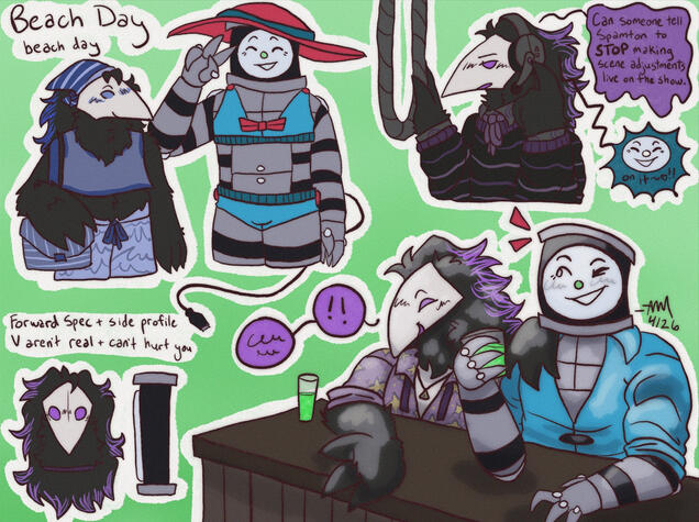 Character doodle page (2 cel shaded halfbodies, 2 flat color halfbodies, 1 bust, 2 heads) with background (flat color, props) - $83