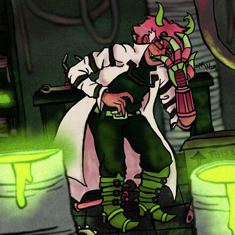 (Textured) Cel shaded fullbody, background (shelves, pipes/wires, table, box, barrels), thick wavy lineart - $32