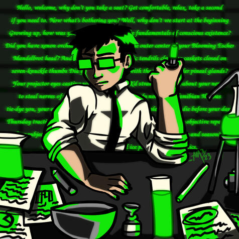 Cel shaded halfbody, background (text, wall texture, table w/ many props), thick wavy lineart - $25