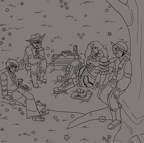 Fullbody lineart, background (field, picnic setup, tree, props), add 3 characters - $40